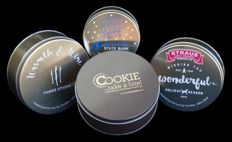 collection of cookie tins for corporate gifts
