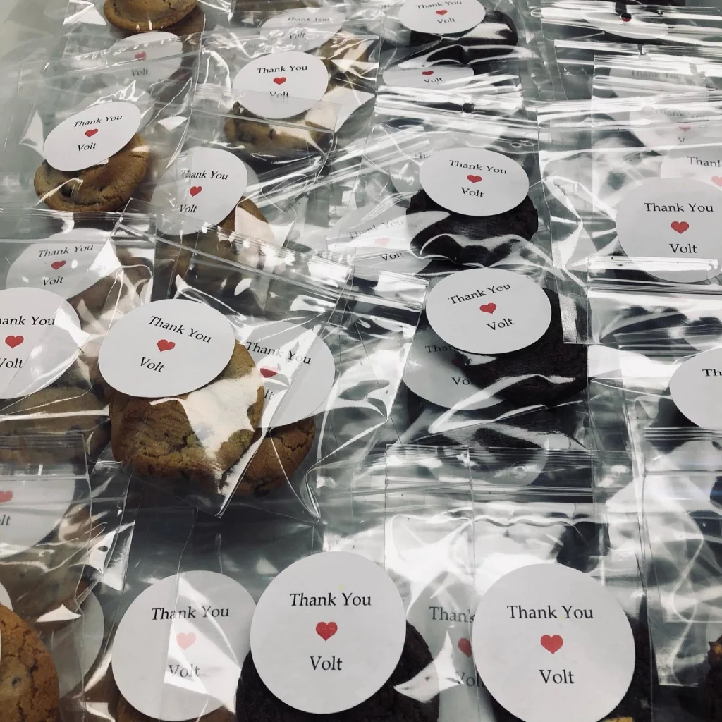 individually packaged cookies with custom labels for catering events