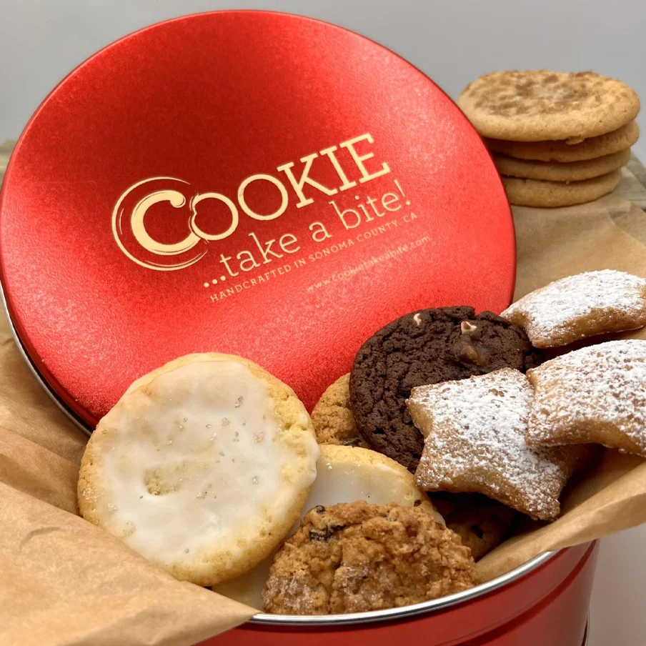 cookies included in a custom cookie gift tin