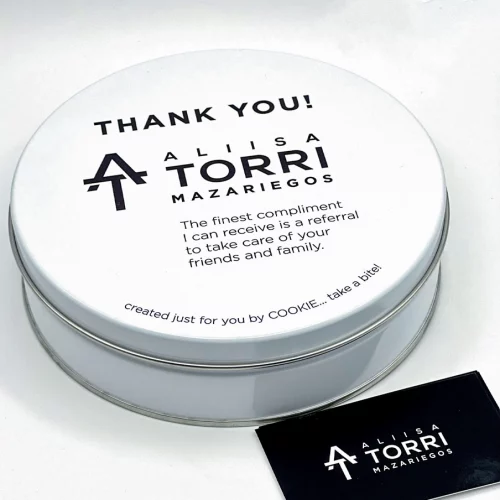 corporate cookie gift tin from Alisa Torri
