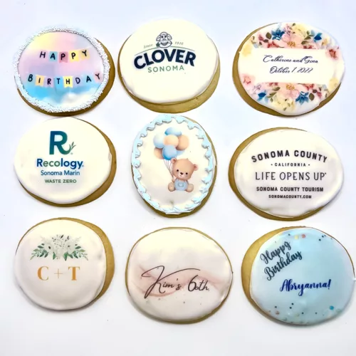 different custom printed cookies for birthdays, company events, weddings, baby showers and more