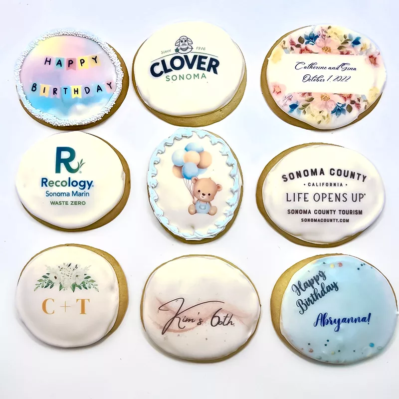 different custom printed cookies for birthdays, company events, weddings, baby showers and more