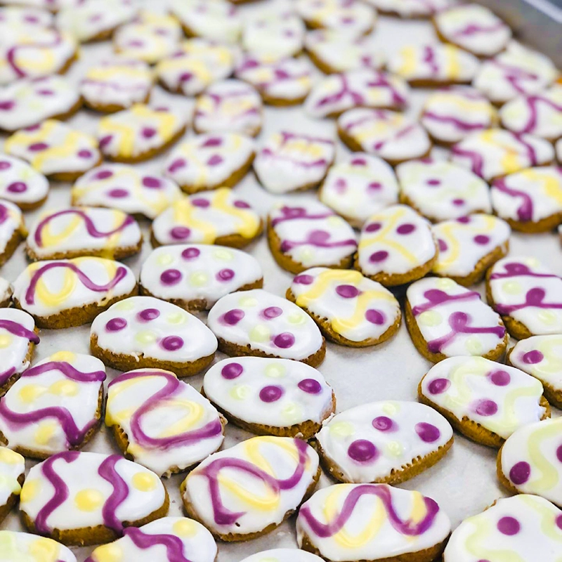 Easter cookies cut into egg shapes and decorated with yellow and purple icing cooling on a cookie sheet