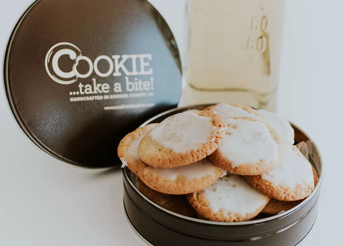 A tin of tequila lime twist cookies