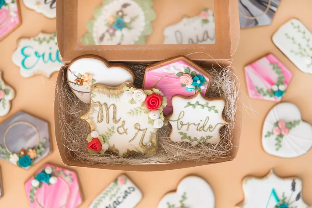 custom wedding cookie decorated for a bridal shower celebration