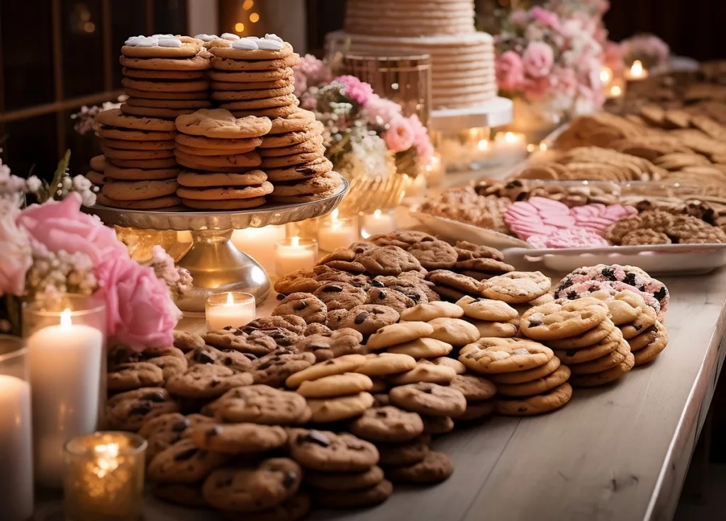 A decorated custom wedding cookie table featuring dozens of beautifully displayed cookies