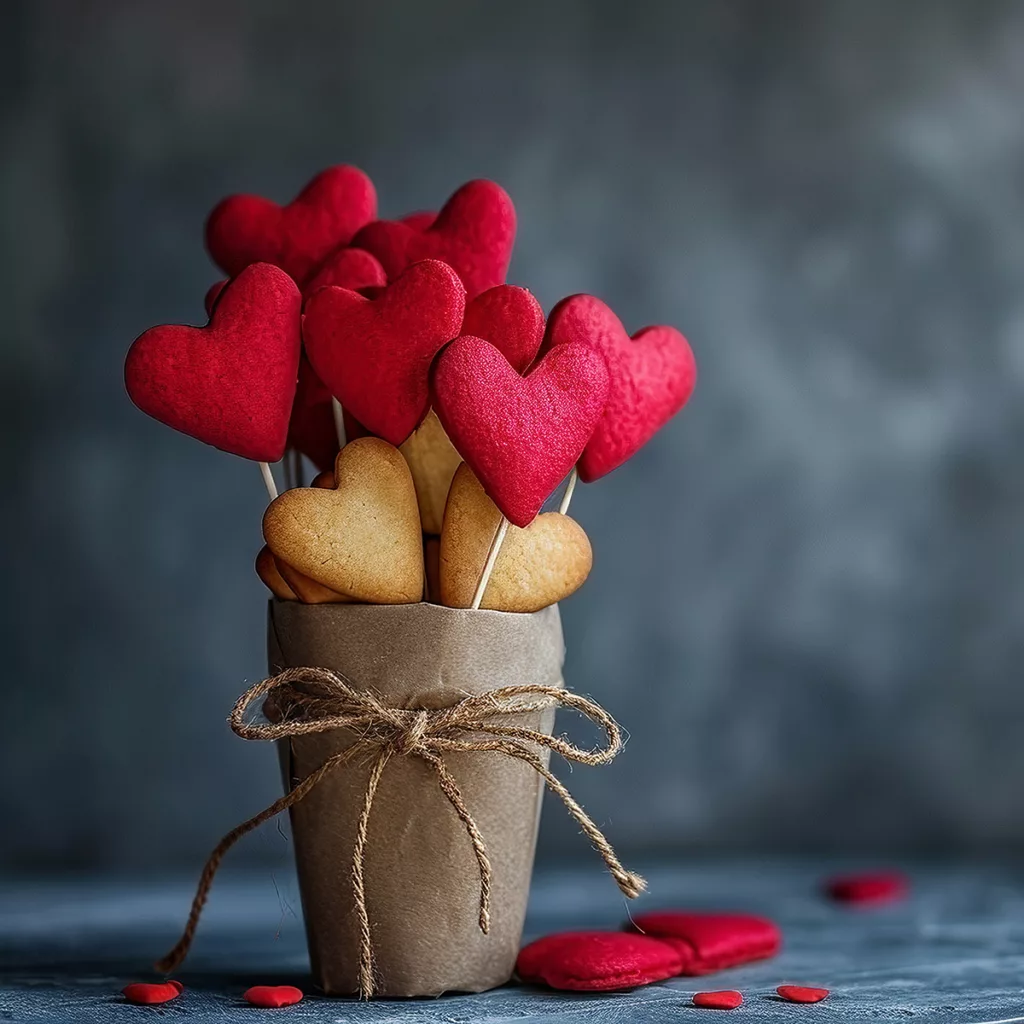 A bouquet made from custom gourmet cookies for Valentine's Day.